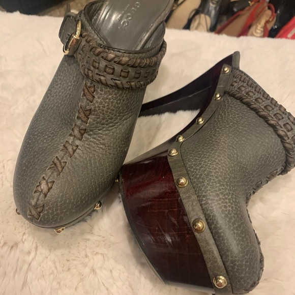 Gucci Grey Leather Studded Platform High Heel Clog - Picture 4 of 7